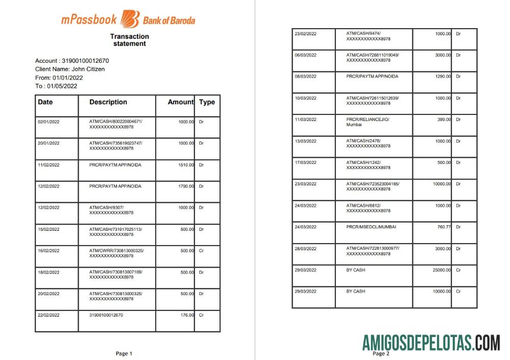 Extrato de transação bancária MPassbook do India Bank Of Baroda, amostra de 4 páginas